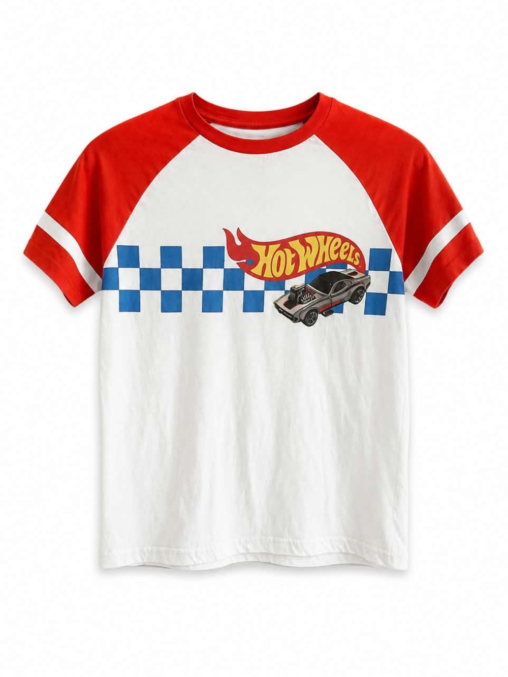 4/$20➡️ Hot Wheels Kids Red & White Raglan Tee Blue Check Graphic – Size 7/8 GUC